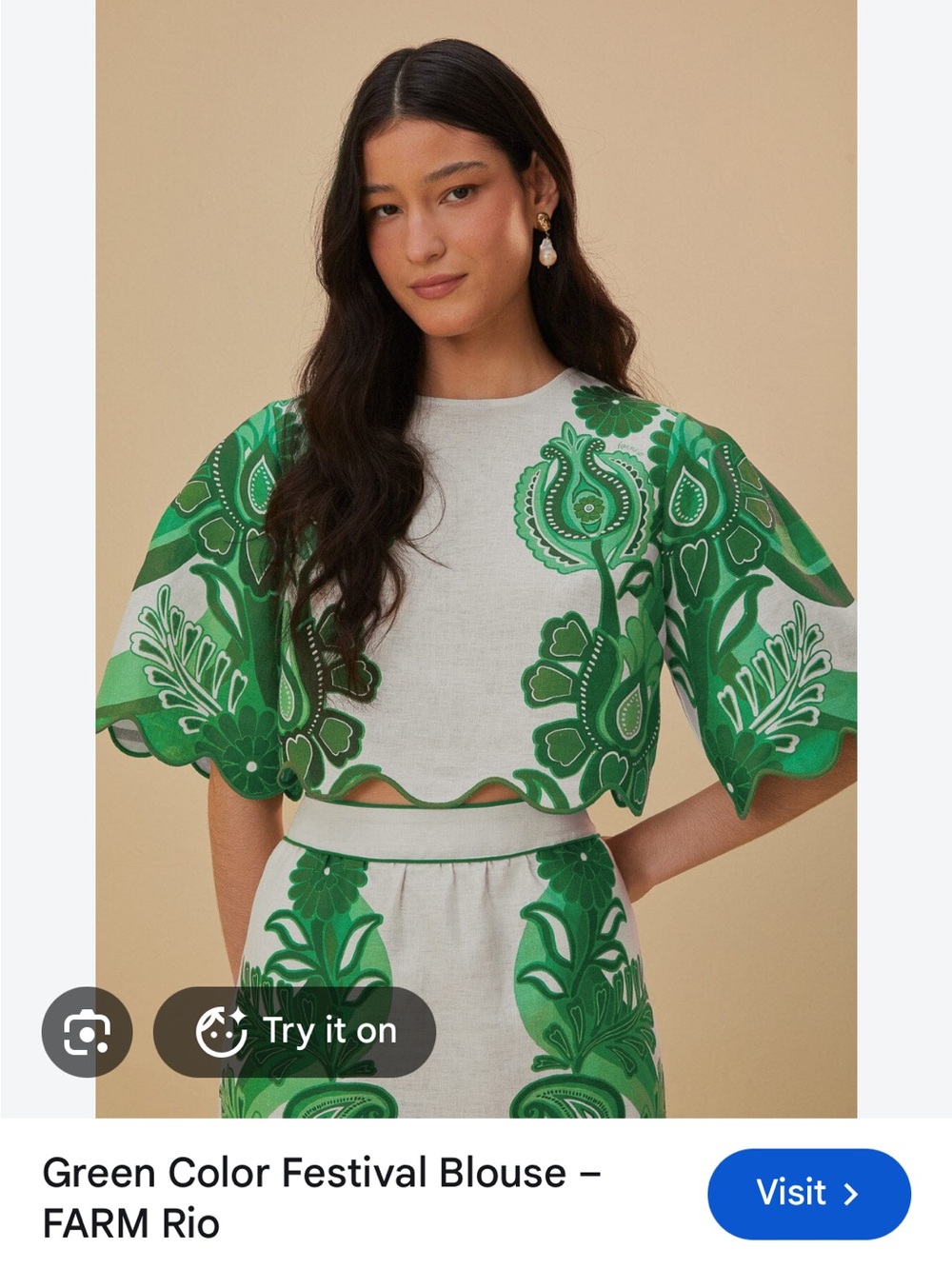 FARM Rio Festival Top White and Green Botanical Print
